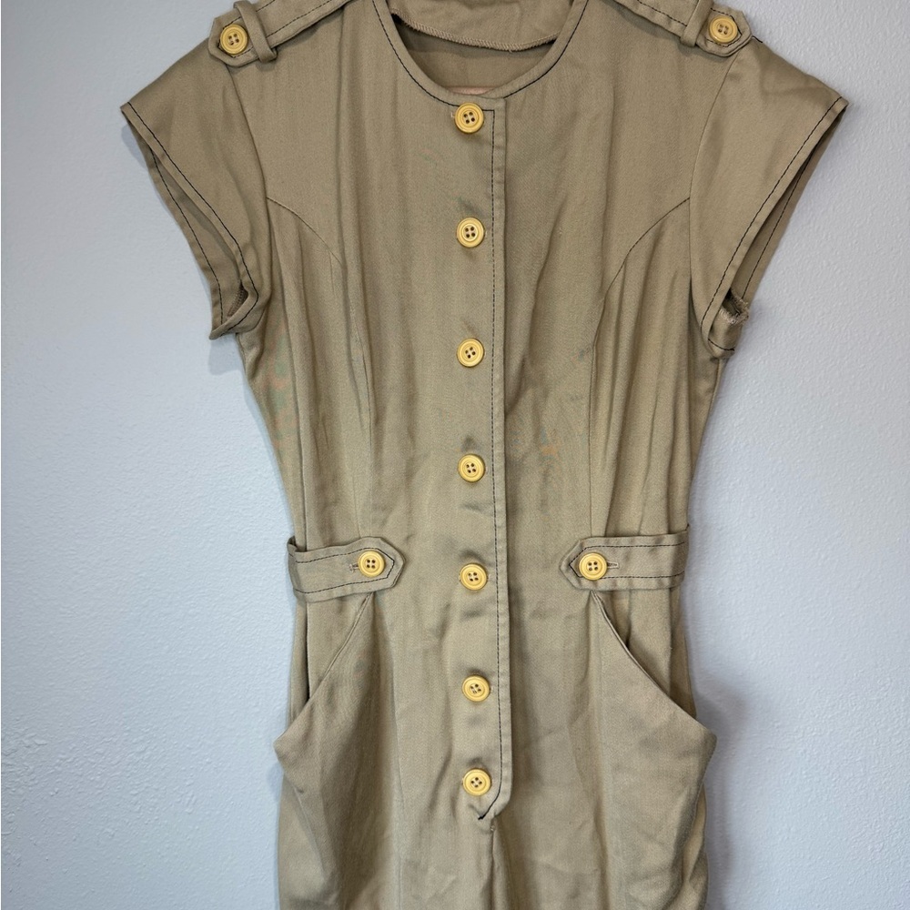 Vintage Khaki Safari Utility Jumpsuit Button Front Wide Leg Women’s XS/S - Picture 2 of 5